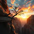 A vast, otherworldly canyon carved by time, with towering sandstone formations reaching towards a vibrant, sunset sky. A lone, weathered tree clings to the edge, its roots grasping the ancient rock.