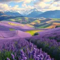 Rolling hills blanketed in lavender fields stretching towards a picturesque village nestled at the foot of snow-capped mountains, soft light, painterly style, calming atmosphere
