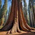 A massive, ancient sequoia tree, its bark deeply furrowed and textured. Sunlight filters through its canopy, illuminating a carpet of fallen needles on the forest floor.