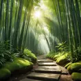 Deep within a bamboo forest, sunlight filters through the leaves, illuminating a moss-covered path. (Zen, meditation, green, ethereal)