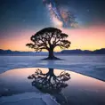 A lone, ancient tree silhouetted against a breathtaking sunset over a vast, reflective salt flat, stars beginning to appear in the deep blue sky, dreamlike and ethereal