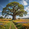A field of vibrant wildflowers bursting into bloom, stretching as far as the eye can see. A solitary, ancient oak tree stands sentinel, its gnarled branches reaching out like protective arms.