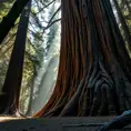 A massive, ancient sequoia tree, its bark deeply furrowed and textured. Sunlight filters through its canopy, illuminating a carpet of fallen needles on the forest floor.