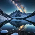 A snow-covered mountain range under a clear, starry night sky, with the Milky Way visible in the background and a frozen lake reflecting the celestial beauty.
