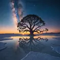 A lone, ancient tree silhouetted against a breathtaking sunset over a vast, reflective salt flat, stars beginning to appear in the deep blue sky, dreamlike and ethereal