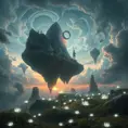 A surreal, otherworldly landscape, with floating islands suspended in a sky filled with swirling clouds. Strange, bioluminescent plants illuminate the scene with an ethereal glow.