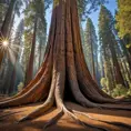 A massive, ancient sequoia tree, its bark deeply furrowed and textured. Sunlight filters through its canopy, illuminating a carpet of fallen needles on the forest floor.