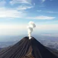 A breathtaking view from the summit of a volcanic peak, with plumes of smoke rising from the crater. Below, a vast, undulating landscape stretches out towards the horizon, dotted with scattered villages.