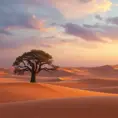 A vast, golden desert under a twilight sky, with dunes stretching endlessly, and a lone, ancient tree standing as a sentinel against the encroaching sands.