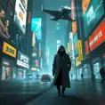 A cyberpunk street scene, holographic projections of advertisements flicker on buildings, robotic police patrol the streets, a lone figure in a trench coat walks down the sidewalk, their face obscured by a glowing mask, a flying car zooms overhead.