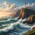 A rugged coastline with towering cliffs carved by the relentless ocean waves, where seabirds soar overhead and a lighthouse stands as a beacon of hope.