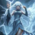 Storm commanding the weather, lightning crackling around her, eyes glowing white, flowing white hair, powerful stance, epic scale, dramatic sky, fantasy art style
