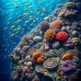 A vibrant coral reef teeming with exotic marine life, where schools of colorful fish dart among the intricate formations of coral, all set against the deep blue ocean.