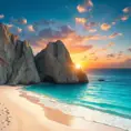A pristine, white-sand beach with turquoise waters lapping at the shore, backed by towering, jagged cliffs and a vibrant, tropical sunset.