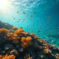 Bio luminescent coral reefs teeming with colorful fish, sunlight filtering through the crystal-clear water, creating dancing patterns of light and shadow, serene and magical