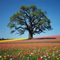 A field of vibrant wildflowers bursting into bloom, stretching as far as the eye can see. A solitary, ancient oak tree stands sentinel, its gnarled branches reaching out like protective arms.