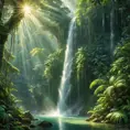 A cascading waterfall surrounded by lush, emerald-green rainforest, with rays of sunlight piercing through the dense canopy, creating a magical, ethereal glow.