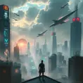 A panoramic view of a cyberpunk city, sprawling skyscrapers pierce the smog-filled sky, holographic advertisements flash on buildings, flying vehicles weave through the air, a lone figure stands on a rooftop, gazing at the sprawling cityscape.