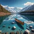 A serene lake nestled within a ring of snow-capped mountains, reflecting the azure sky and wispy clouds. A wooden canoe glides across the glassy surface, leaving a gentle ripple in its wake.