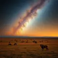 A vast, open savanna under a vast, star-filled sky, with herds of grazing animals silhouetted against the horizon, and the Milky Way stretching across the heavens.