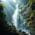 A majestic waterfall cascading down a sheer cliff face, sunlight illuminating the mist, creating a rainbow. Lush ferns and moss adorn the rocks, with a lone hiker silhouetted against the spray.