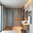 A modern bathroom with a large, walk-in shower featuring a rainfall shower head, a floating vanity with a sleek sink and mirror, and a heated towel rack. The room features a minimalist color palette with accents of warm wood and natural stone.