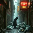 A decaying cyberpunk alleyway, graffiti-covered walls illuminated by flickering neon signs, a lone figure in a hooded cloak sifting through trash, the air thick with the smell of ozone and decay.