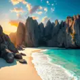A pristine, white-sand beach with turquoise waters lapping at the shore, backed by towering, jagged cliffs and a vibrant, tropical sunset.