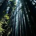 A towering, ancient redwood forest, where the massive trees form a cathedral-like canopy, and shafts of sunlight pierce through the dense foliage.