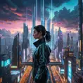Cyberpunk cityscape, intricate network of neon-lit sky bridges connecting towering chrome skyscrapers, holographic advertisements projecting onto the clouds, flying cars zipping through the air, a lone figure silhouetted against the shimmering lights.