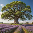 A field of vibrant wildflowers bursting into bloom, stretching as far as the eye can see. A solitary, ancient oak tree stands sentinel, its gnarled branches reaching out like protective arms.