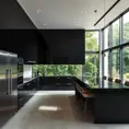 A futuristic kitchen with sleek, black cabinetry, stainless steel appliances, and a large island featuring a built-in induction cooktop and a breakfast bar with high-backed stools. A wall of windows overlooks a verdant garden.