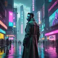 A towering, neon-drenched cyberpunk city, with holographic billboards advertising illicit services and flying vehicles weaving through the smog-filled sky. In the foreground, a lone figure in a trench coat walks down a rain-slicked street, their face obscured by a glowing cybernetic mask.