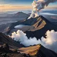 A breathtaking view from the summit of a volcanic peak, with plumes of smoke rising from the crater. Below, a vast, undulating landscape stretches out towards the horizon, dotted with scattered villages.