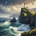 A rugged coastline with towering cliffs carved by the relentless ocean waves, where seabirds soar overhead and a lighthouse stands as a beacon of hope.