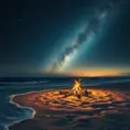 Beneath a sky filled with twinkling stars, a bonfire crackles on a secluded beach, waves gently lapping at the shore. (Night sky, campfire, ocean, serene)
