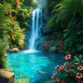 A hidden waterfall cascades into a crystal-clear pool surrounded by vibrant flowers and lush ferns. (Paradise, tropical, hidden oasis, untouched)