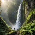 A majestic waterfall cascading down a sheer cliff face, sunlight illuminating the mist, creating a rainbow. Lush ferns and moss adorn the rocks, with a lone hiker silhouetted against the spray.