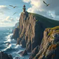 A rugged coastline with towering cliffs carved by the relentless ocean waves, where seabirds soar overhead and a lighthouse stands as a beacon of hope.