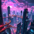 Cyberpunk cityscape, intricate network of neon-lit sky bridges connecting towering chrome skyscrapers, holographic advertisements projecting onto the clouds, flying cars zipping through the air, a lone figure silhouetted against the shimmering lights.