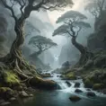 A mystical, fog-covered valley with ancient, twisted trees and a hidden, sparkling river that winds through the mist, revealing hidden waterfalls.