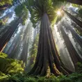 A towering, ancient redwood forest, where the massive trees form a cathedral-like canopy, and shafts of sunlight pierce through the dense foliage.