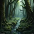 A dense, ancient forest with towering, moss-covered trees, a carpet of ferns, and a hidden, crystal-clear stream winding through the undergrowth.