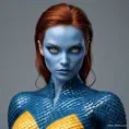 Mystique shifting into form, blue scales transforming into smooth skin, piercing yellow eyes, a hint of mischief, dynamic pose, dramatic lighting, photorealistic