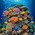 A vibrant coral reef teeming with exotic marine life, where schools of colorful fish dart among the intricate formations of coral, all set against the deep blue ocean.