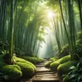 Deep within a bamboo forest, sunlight filters through the leaves, illuminating a moss-covered path. (Zen, meditation, green, ethereal)