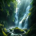 A cascading waterfall surrounded by lush, emerald-green rainforest, with sunlight filtering through the dense canopy, casting dappled shadows on the moss-covered rocks below.