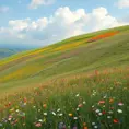 A rolling meadow carpeted with a patchwork of wildflowers in every hue imaginable, with a gentle breeze causing the field to ripple like a living tapestry.