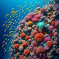 A vibrant, colorful coral reef teeming with marine life, including schools of fish, sea turtles, and vibrant anemones, all set against the deep blue ocean.