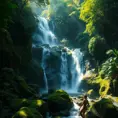 A cascading waterfall surrounded by lush, emerald-green rainforest, with sunlight filtering through the dense canopy, casting dappled shadows on the moss-covered rocks below.